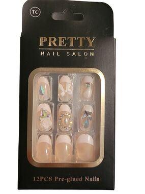 Nude & White Press-On Nails with Rhinestone Accents